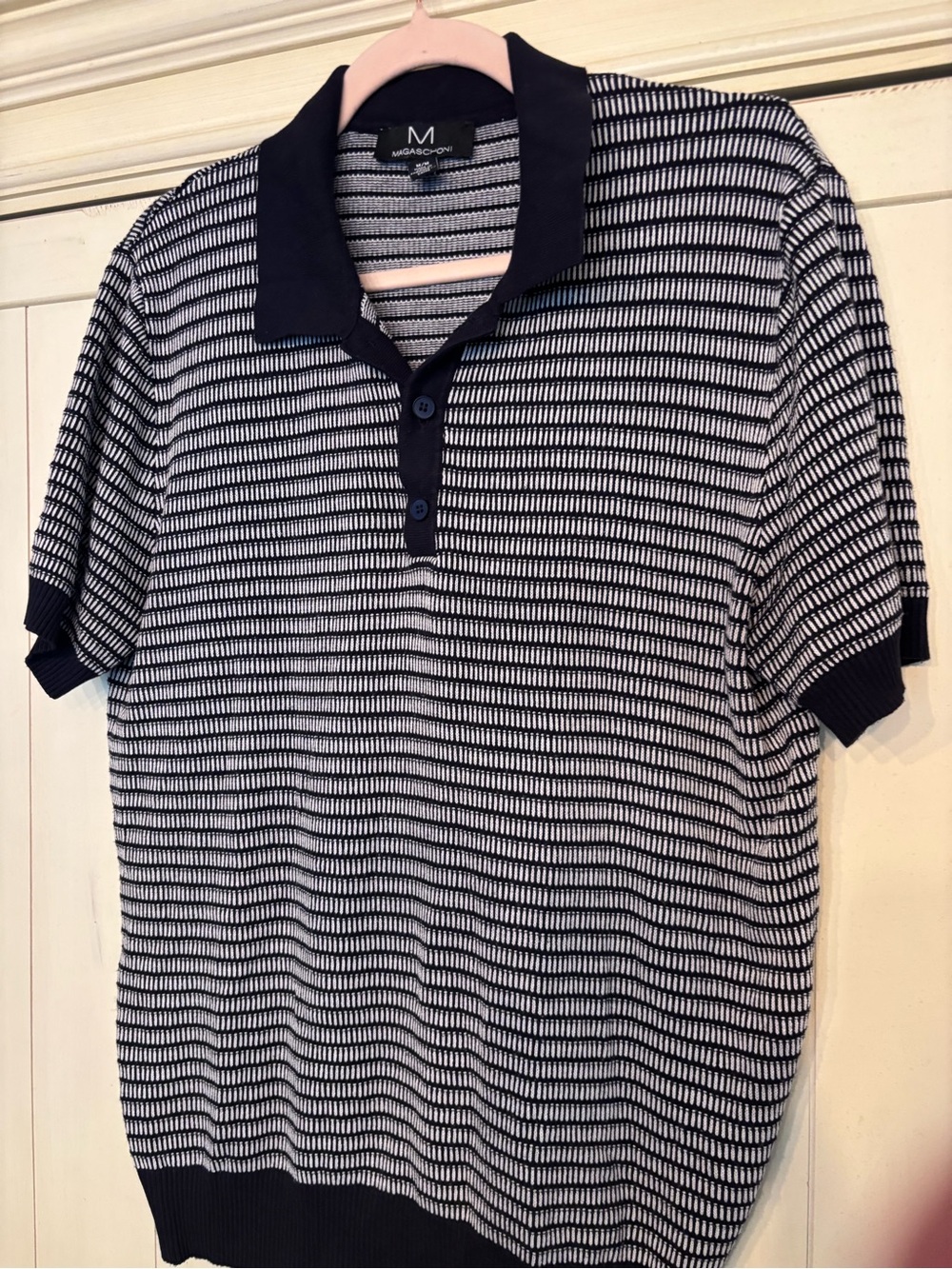 Magaschoni Navy & White Textured Short-Sleeve sweater